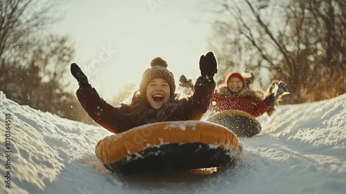 Family Enjoying Snowy Sledd...