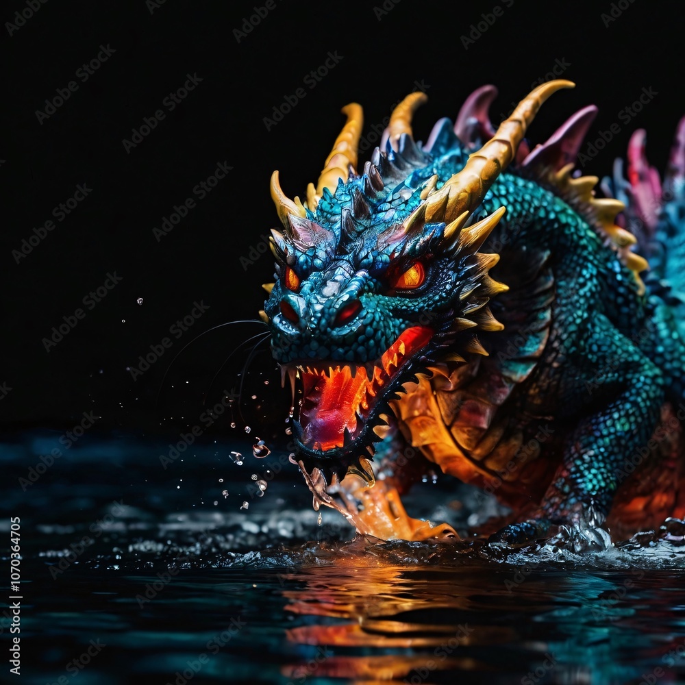 Beautiful and elegant colorful dragon with shining eyes on black background running towards the water. Cinematic high resolution Beautiful and elegant colorful dragon with shining eyes on black background running towards the water. Cinematic high resolution