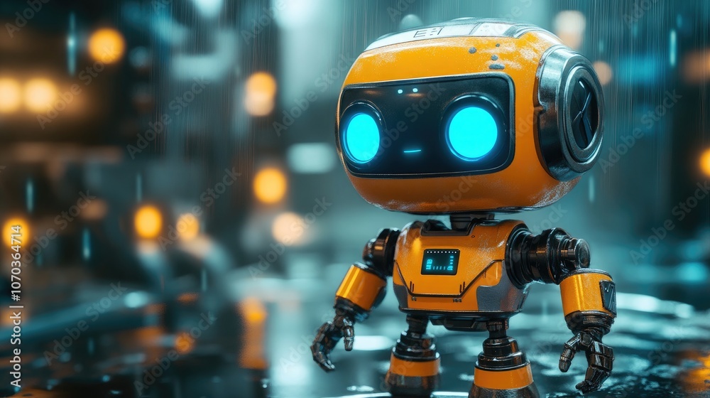 Futuristic Orange Industrial Robot with Blue Eyes in a Factory Environment, Perfect for Robotics, AI, and Automation Themes Futuristic Orange Industrial Robot with Blue Eyes in a Factory Environment, Perfect for Robotics, AI, and Automation Themes