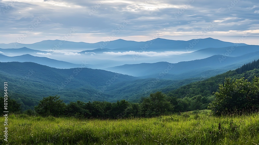 Expansive view of summer mountains with misty slopes in the distance. Expansive view of summer mountains with misty slopes in the distance.