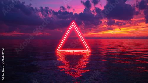 Illuminated Red Triangle Over Reflective Water Surface