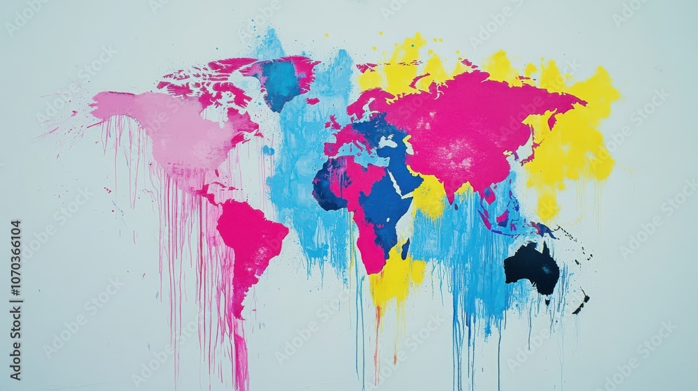 Fototapeta premium A detailed mural of a world map features vibrant pink, yellow, and blue paint. The artistic design shows melting paint drips, enhancing the colorful presentation in a creative space.