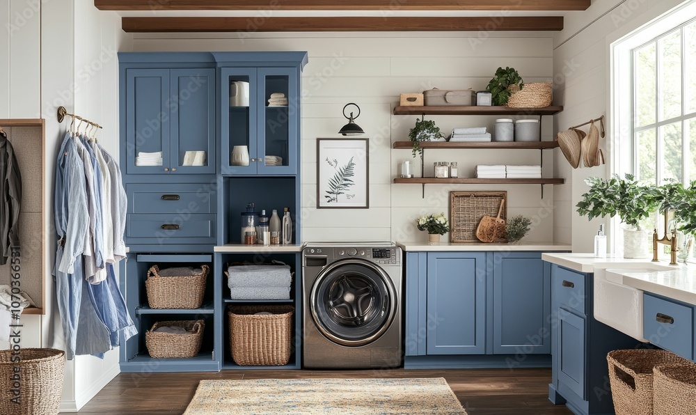 Modern laundry room with blue cabinets and washer. Modern laundry room with blue cabinets and washer.