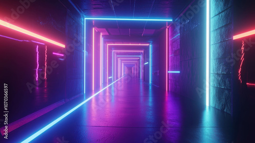 Bright Parallel Light Beams in Futuristic Corridor