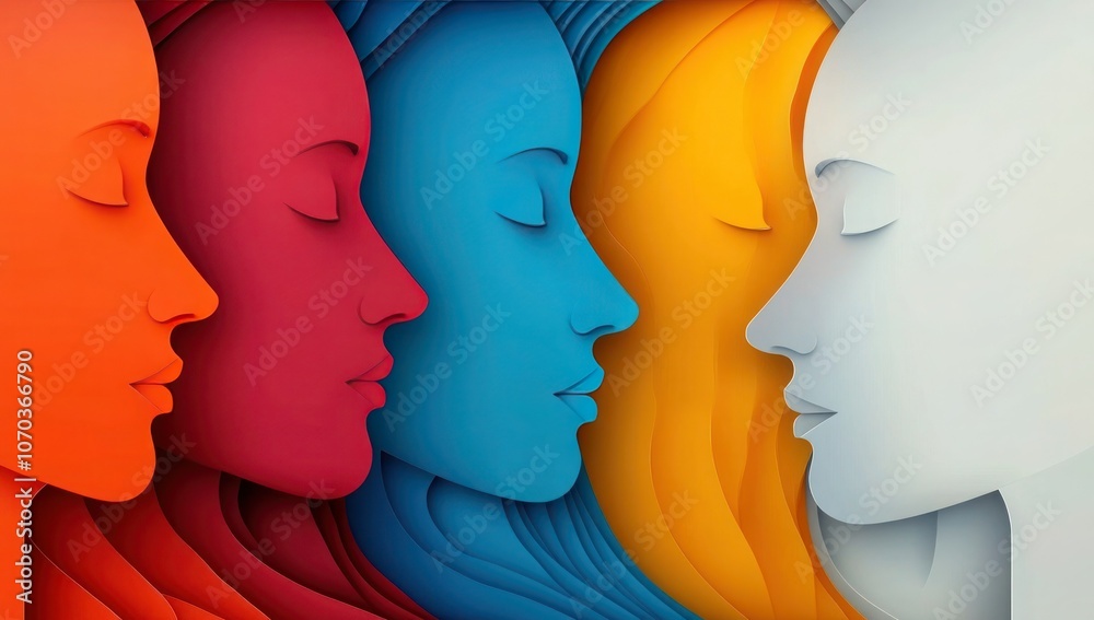 Colorful Overlapping Human Heads Paper Art Background with Depth and Shadow Play - Vector Design Colorful Overlapping Human Heads Paper Art Background with Depth and Shadow Play - Vector Design