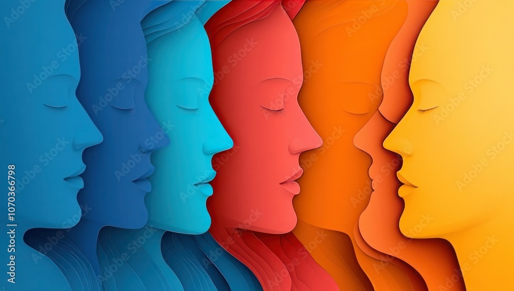 Colorful Overlapping Human Heads Paper Art Background with Depth and Shadow Play - Vector Design Colorful Overlapping Human Heads Paper Art Background with Depth and Shadow Play - Vector Design