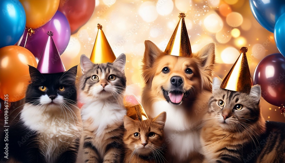 Adorable dog and cats celebrating at a birthday party Adorable dog and cats celebrating at a birthday party
