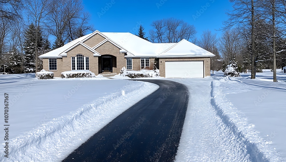 SnowCovered Driveway Leading to House in Winter SnowCovered Driveway Leading to House in Winter