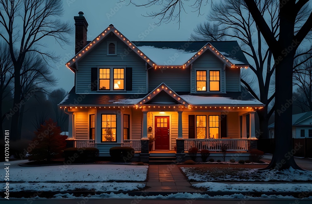 Fototapeta premium A cozy house decorated with bright lights