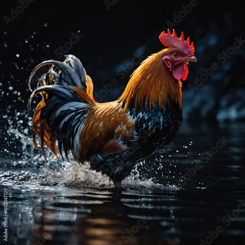 Beautiful elegant rooster with shining eyes on black background running towards the water. Cinematic high resolution photo