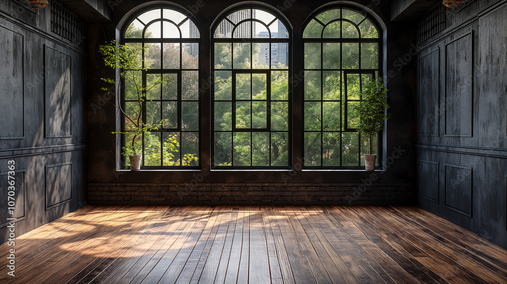 Spacious and Minimalist Dark Loft Room With Plants and Natural Light. Generative AI Spacious and Minimalist Dark Loft Room With Plants and Natural Light. Generative AI