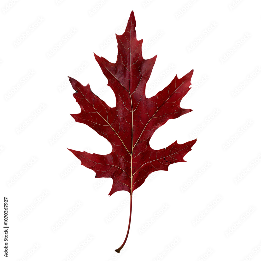 Fototapeta premium Single red oak leaf on a transparent background, emphasizing its autumnal beauty and organic form.
