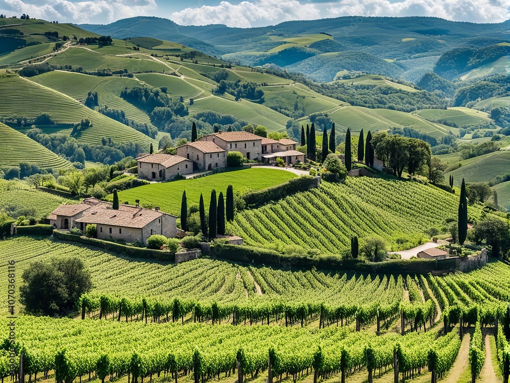 Fototapeta premium an illustration of Vineyard landscape with rolling hills, green vines, and distant mountains