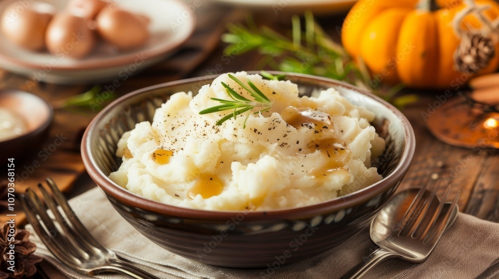 Creamy Homemade Mashed Potatoes with Gravy on a Festive Thanksgiving Dinner Table Setting Creamy Homemade Mashed Potatoes with Gravy on a Festive Thanksgiving Dinner Table Setting
