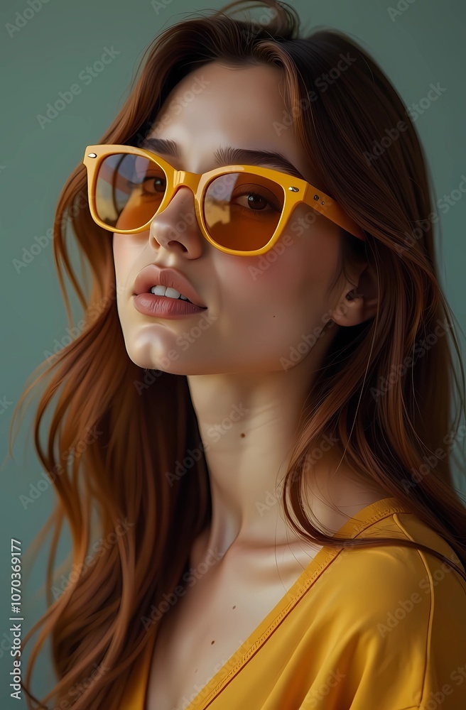 Portrait of a girl with long hair and yellow sunglasses Portrait of a girl with long hair and yellow sunglasses