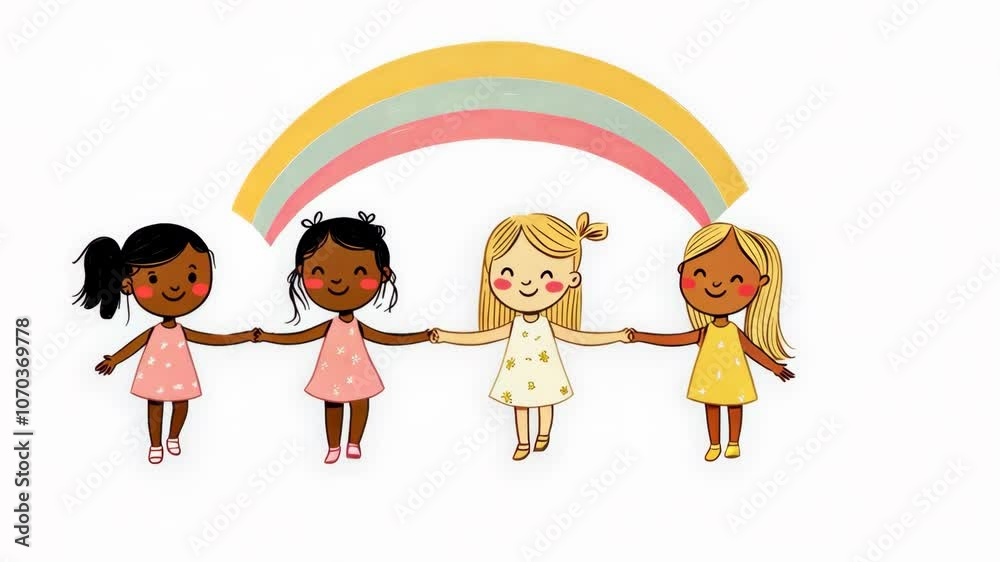 Four girls stand in a line, holding hands under a rainbow Four girls stand in a line, holding hands under a rainbow