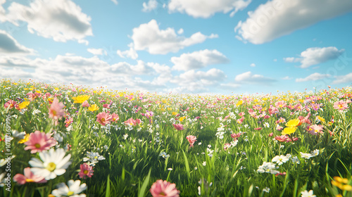 A field of colorful wildflowers on a sunny day.