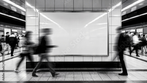 A group of people are walking through a subway station with a large white sign in the middle. The sign is blank, but the people are busy and bustling, creating a sense of movement and energy