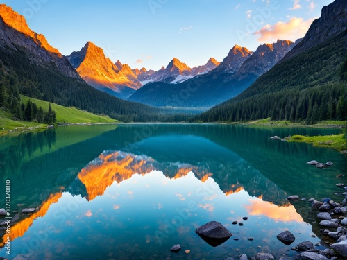 A serene mountain lake reflecting snow-capped peaks and a clear blue sky