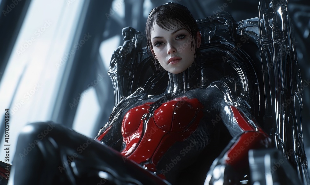 Woman in red and black futuristic suit. Woman in red and black futuristic suit.