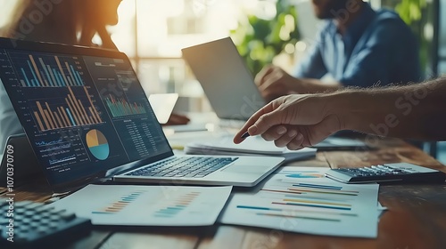 A business team analyzing financial data on laptop, Business team analyzing financial photo