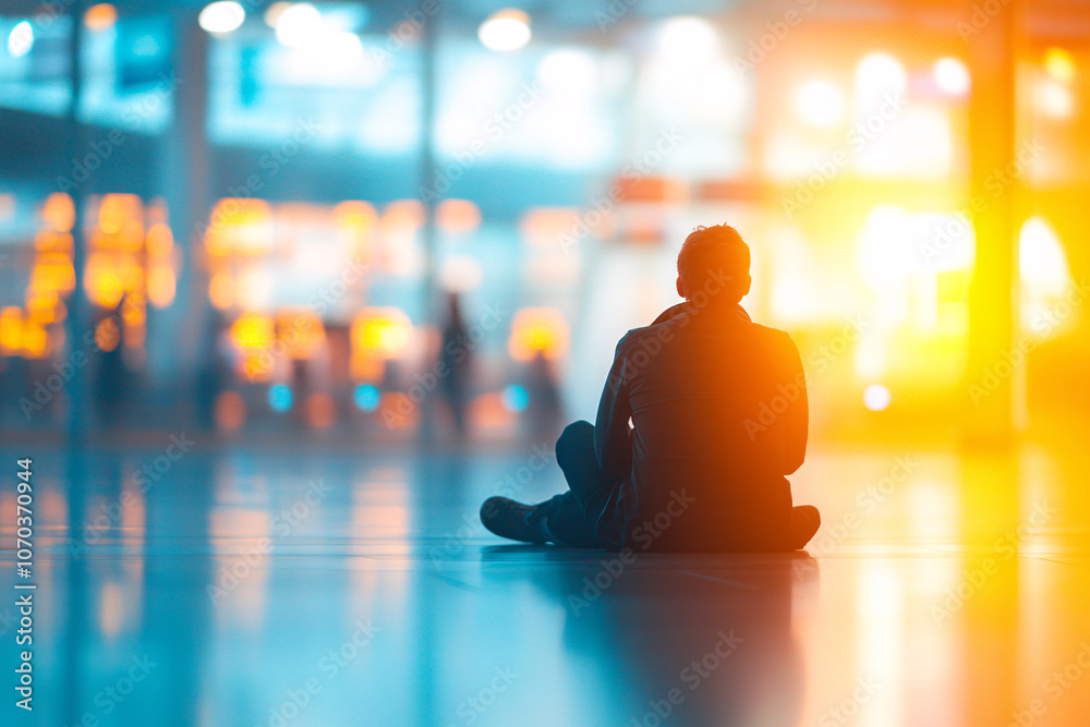 a solitary traveler sits cross-legged in a spacious airport terminal filled with soft blue and orange lighting at sunset
a solitary traveler sits cross-legged in a spacious airport terminal filled with soft blue and orange lighting at sunset
