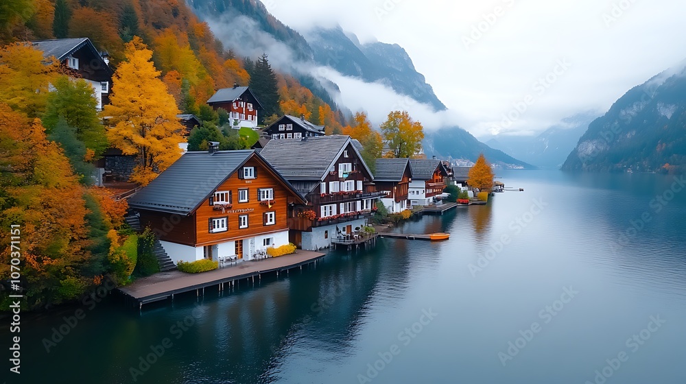 Fototapeta premium Picturesque Austrian Lake Village in Autumn