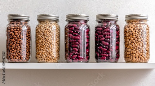 A collection of various legumes displayed in glass jars on a shelf, showcasing a colorful assortment of different beans.