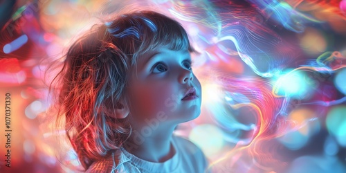 A young child's face illuminated by swirling, magical lights, capturing awe and fascination in their wide eyes.