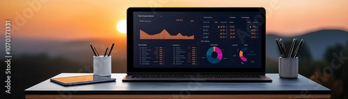 A modern laptop displaying analytical data against a sunset backdrop, symbolizing productivity and innovation in the business world.