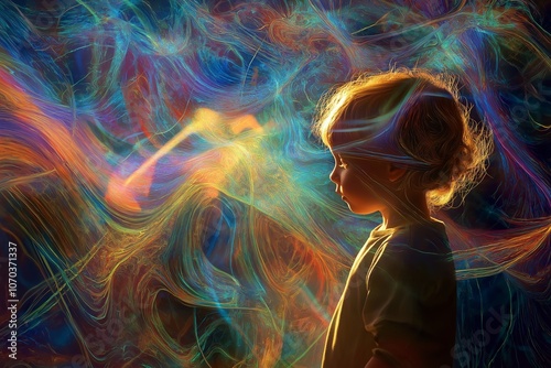 A child stands amidst swirling, glowing colors, creating a shadowy, vibrant, and imaginative artistic portrayal.