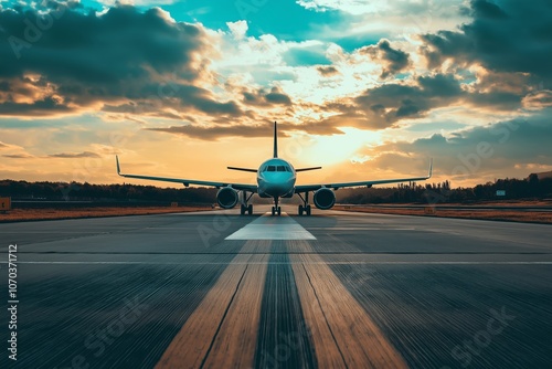 A modern airplane stands majestically on the runway, ready for takeoff under the dramatic hues of a sunset sky. photo