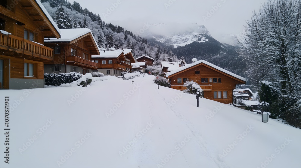 Street in Graubünden, Switzerland with Fresh Snow - Picturesque Winter Scene Featuring Snow-Covered Streets and Alpine Charm Street in Graubünden, Switzerland with Fresh Snow - Picturesque Winter Scene Featuring Snow-Covered Streets and Alpine Charm