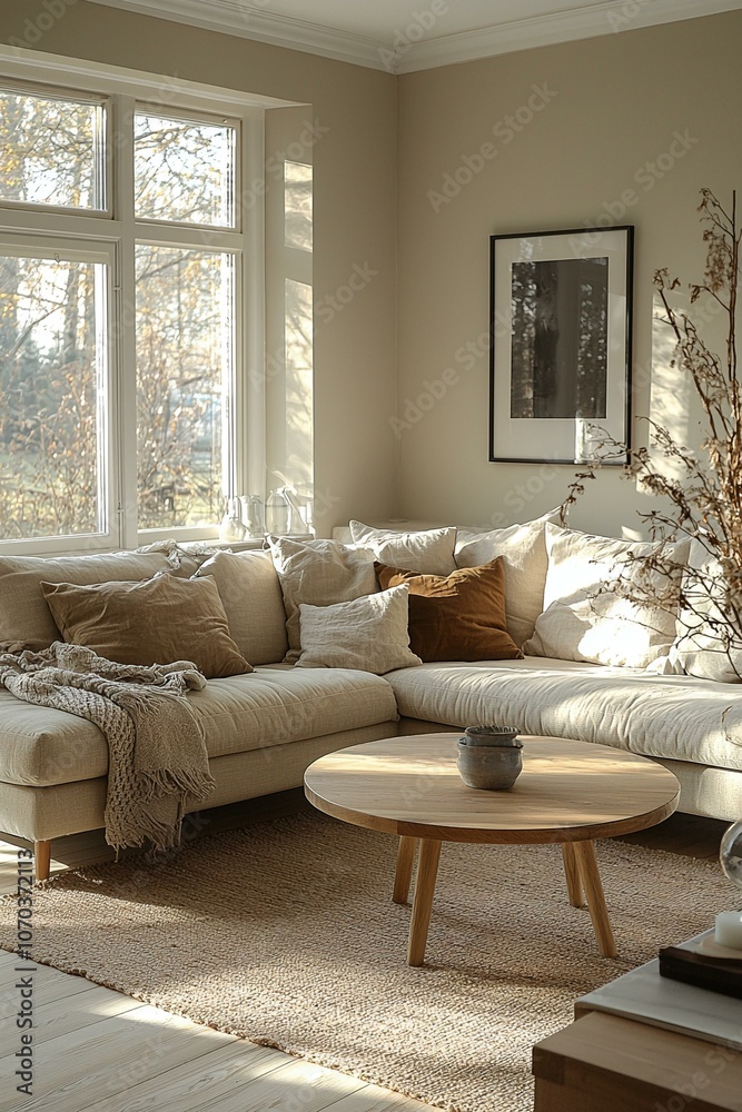 Fototapeta premium Modern Scandinavian interiors in a residential living room with windows and sofas and tables. Generative AI 