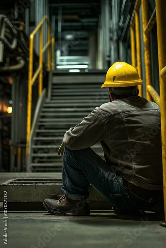 A worker in a yellow hard hat sitting on a dimly lit stairway in an industrial setting, reflecting solitude and labor. photo