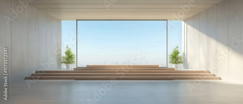 A large open room with a view of the city
