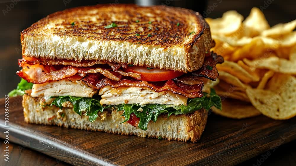 Delicious grilled chicken club sandwich being prepared on wooden board Delicious grilled chicken club sandwich being prepared on wooden board