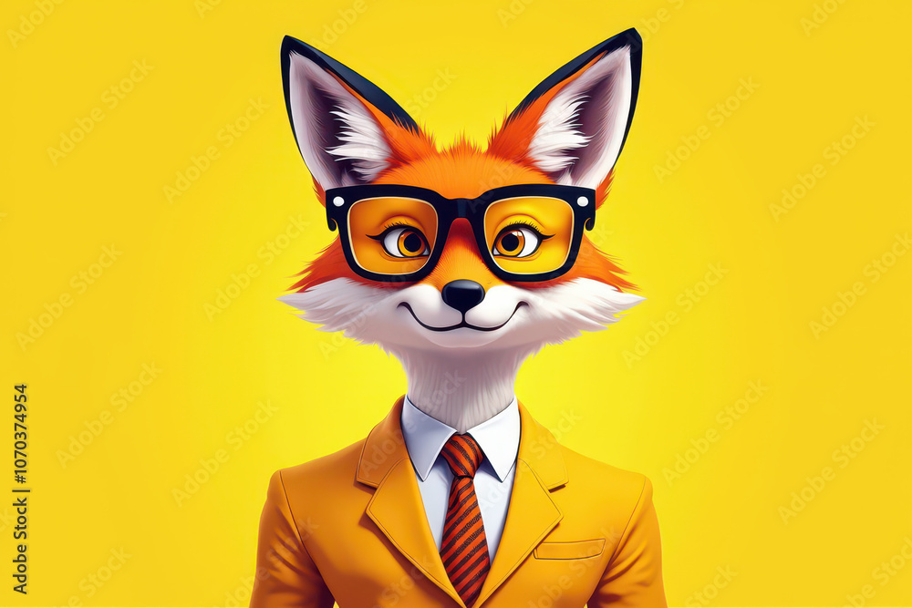 Obraz premium A stylized anthropomorphic fox with oversized glasses, and a bright yellow suit jacket against a solid yellow background, showcasing its neutral expression and modern aesthetic.