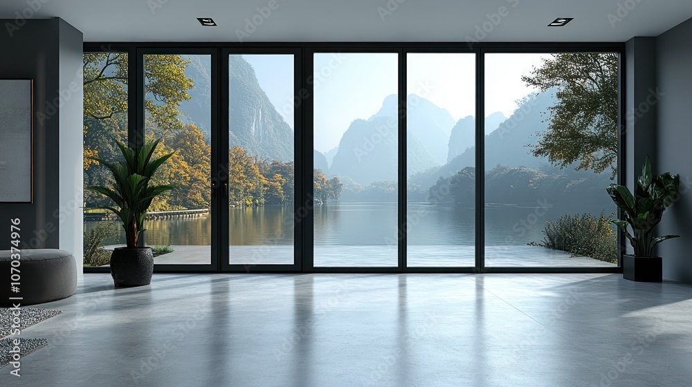 Fototapeta premium A modern double-paned window with frosted glass and sleek black frames, set on a clean background.