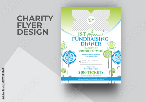  Annual Fundraising Dinner Flyer Vector Template Design. Charity Leaflet Design