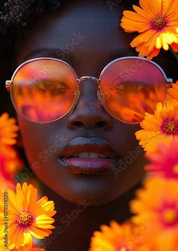 Woman wearing orange sunglasses surrounded by flowers. Summer beauty portrait with vibrant floral tones.