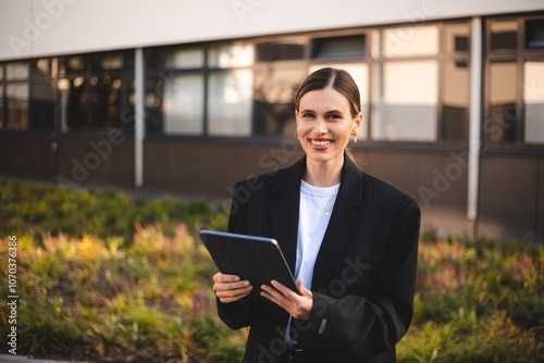 Image of young business woman with ponytail, company worker, smiling and holding digital tablet, standing over office business centre. Happy woman worker wear blazer suit.