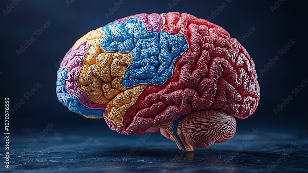 Naklejka premium Detailed 3D Anatomical Model of Human Brain with Colorful Regions for Educational Neuroscience Study and Research
