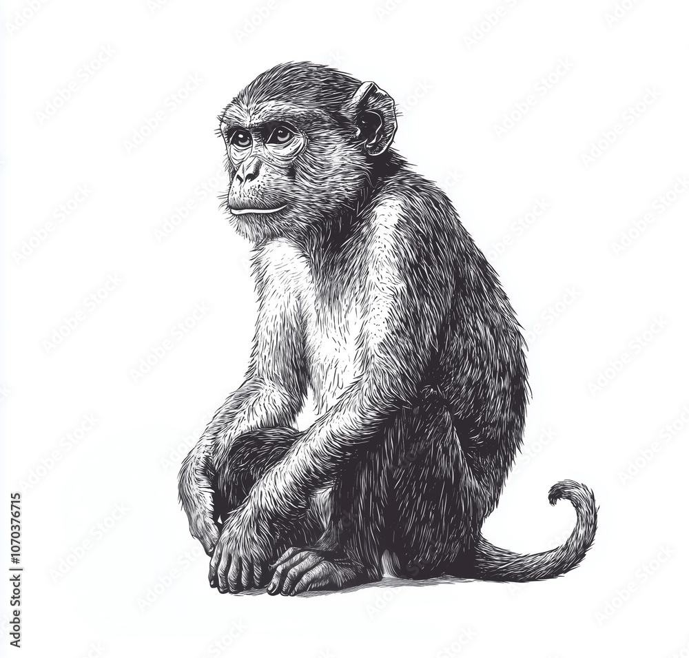 Fototapeta premium Vintage Black and White Engraving Illustration of a Sitting Monkey