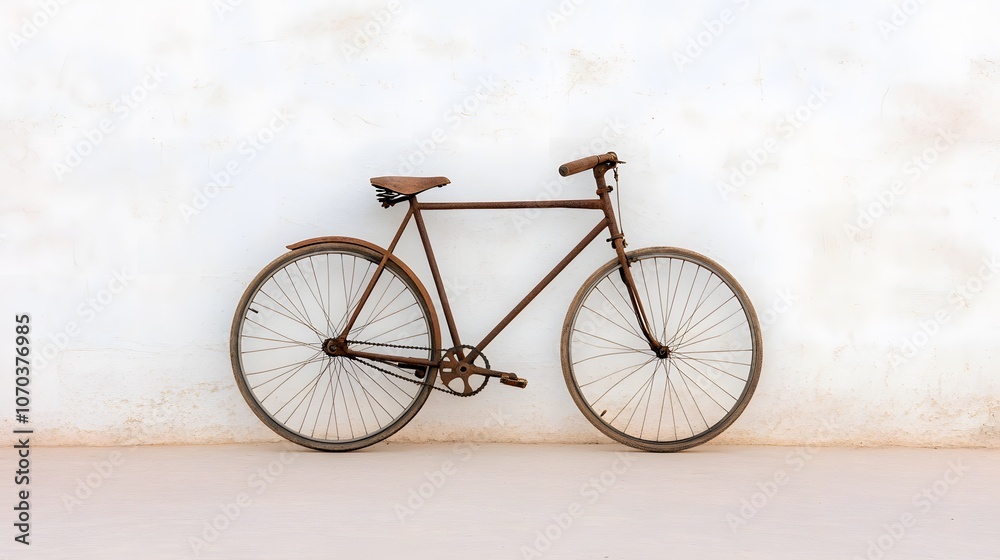 Fototapeta premium Vintage bicycle leaning against an aged wall, showcasing rustic charm, timeless design, and a nostalgic atmosphere in a quiet outdoor setting