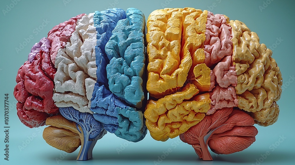 Colorful 3D Anatomical Model of Human Brain Showing Distinct Regions for Educational Purposes Colorful 3D Anatomical Model of Human Brain Showing Distinct Regions for Educational Purposes