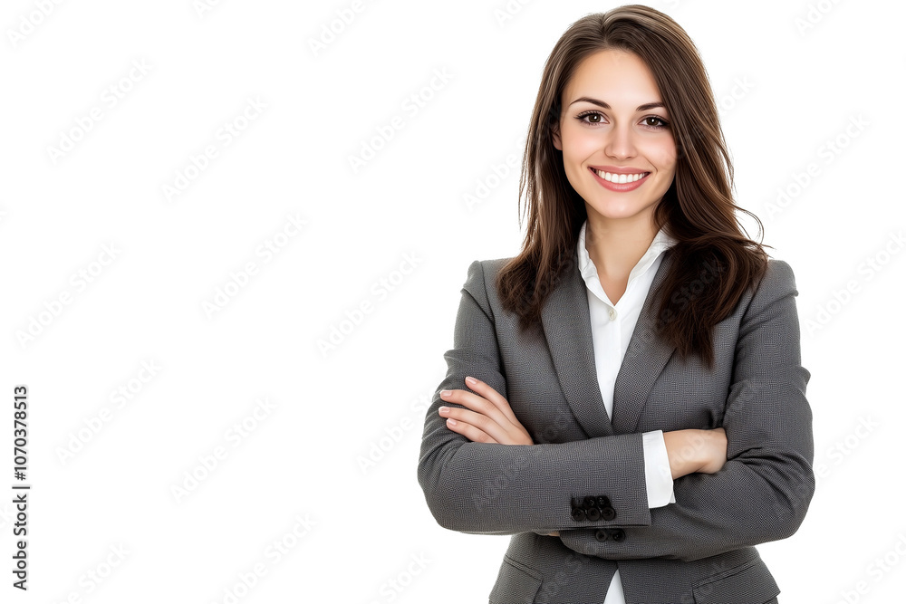 Professional Businesswoman Headshot in Gray Suit Jacket, White Blouse, Long Brown Hair, Confident Smile, Arms Crossed, Successful Executive, Polished Appearance with Transparent Background Professional Businesswoman Headshot in Gray Suit Jacket, White Blouse, Long Brown Hair, Confident Smile, Arms Crossed, Successful Executive, Polished Appearance with Transparent Background