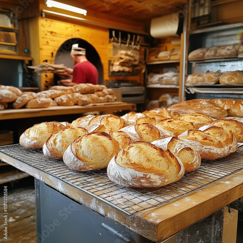 Freshly baked artisan loaves of bread cooling on rack in warm bakery, showcasing their golden crusts and inviting aroma. background features baker at work, enhancing cozy atmosphere