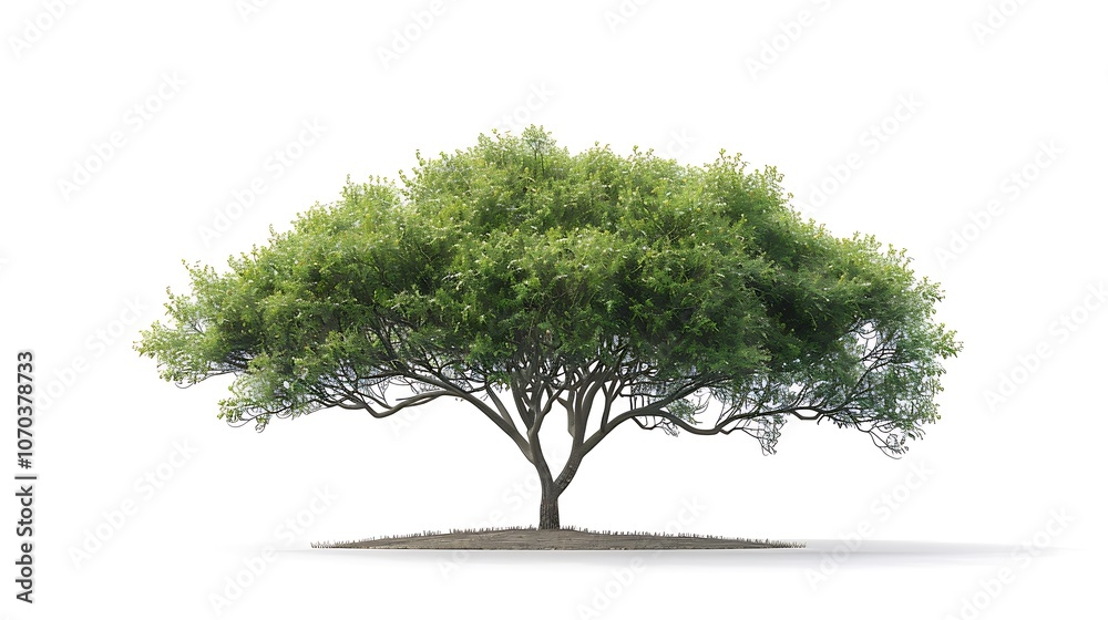 full green tree stands on a patch of brown ground.