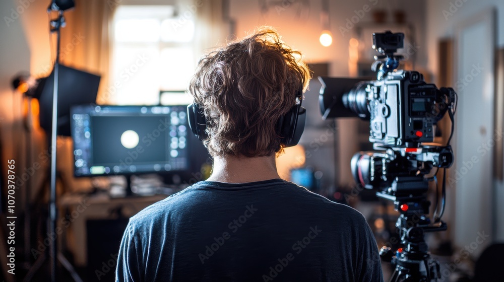 Male Content Creator in Modern Streaming Studio Adjusting Camera and Lighting Setup with Natural and Soft Light for Professional Live Streaming, Captured from Behind for Realistic Detail Male Content Creator in Modern Streaming Studio Adjusting Camera and Lighting Setup with Natural and Soft Light for Professional Live Streaming, Captured from Behind for Realistic Detail